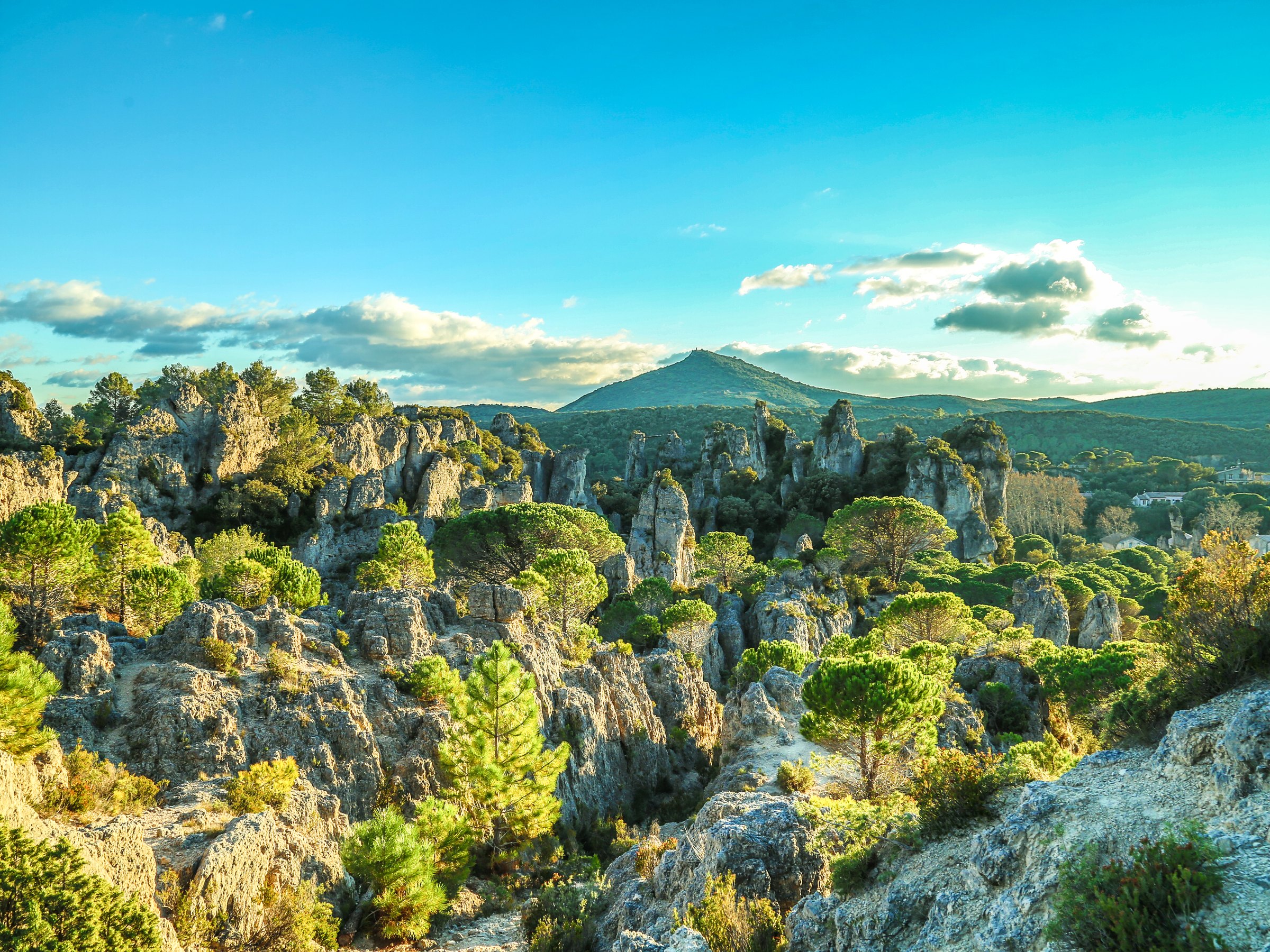 Les rochers dressés du cirque de Mourèze dans la lumière du soir